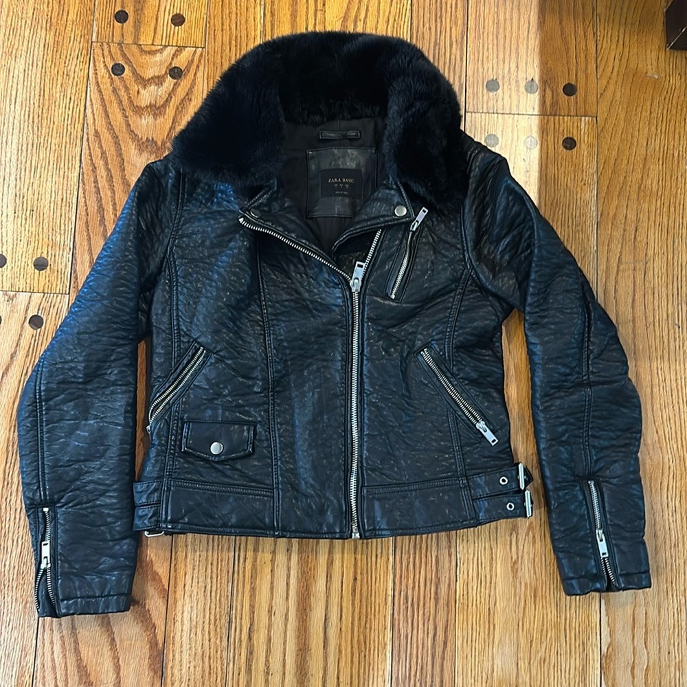 Zara Basic Black Faux Leather Biker Jacket with Removable Faux Fur Collar